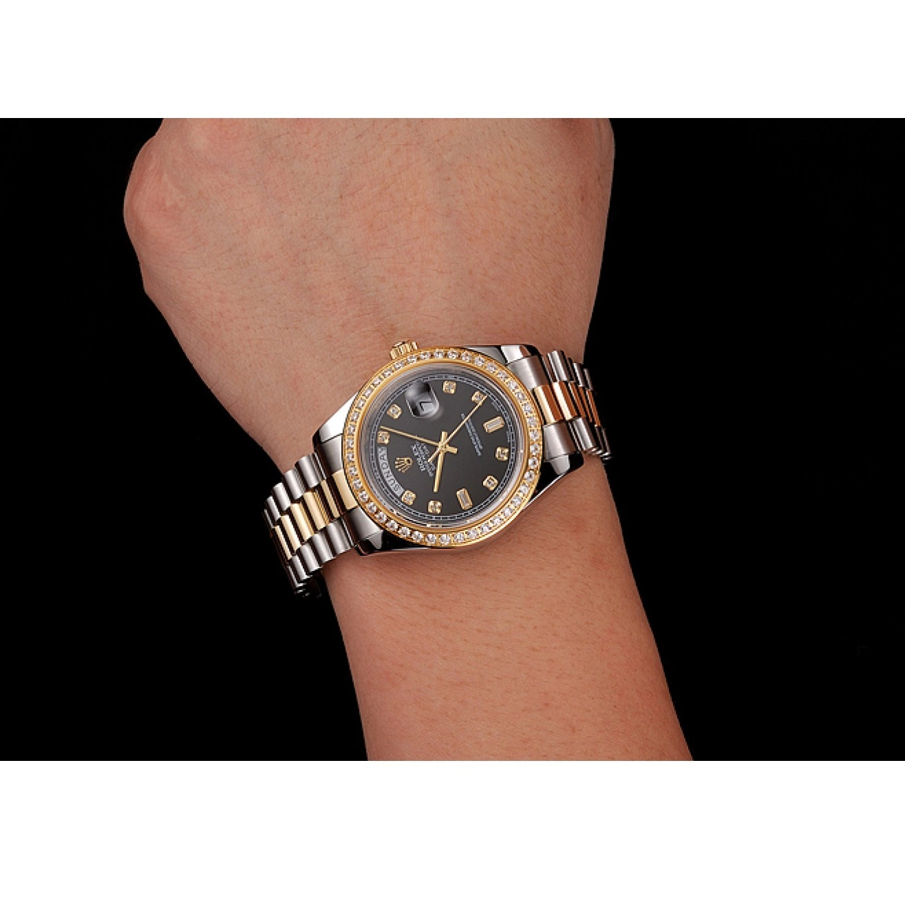 Rolex aaa copy Case Stainless Two Dial Day-Date Tone Black 1453976 Rolex Steel Swiss Bracelet Gold Diamond 0624